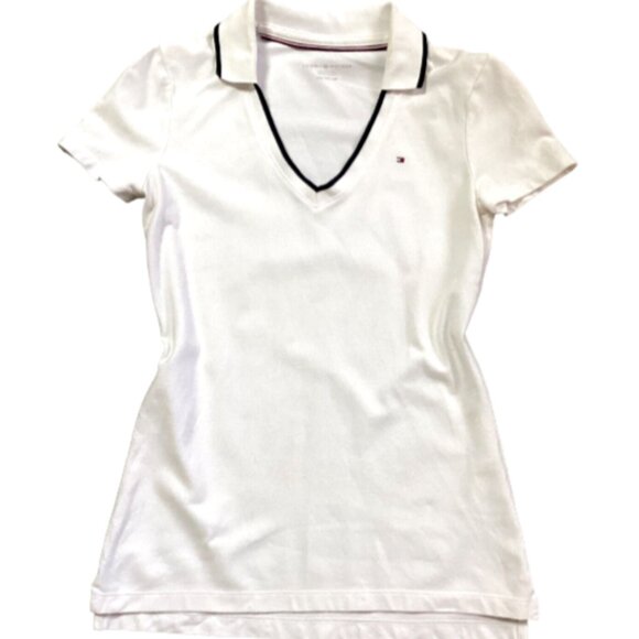 Tommy Hilfiger White Polo Shirt V-Neck Collared Short Sleeve Women XS 284T - Picture 2 of 8